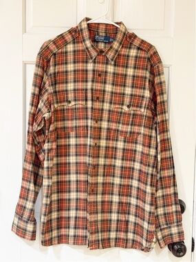 Polo Ralph Lauren Shirt Mens XL Flannel Red Plaid Button Down 90s Vintage